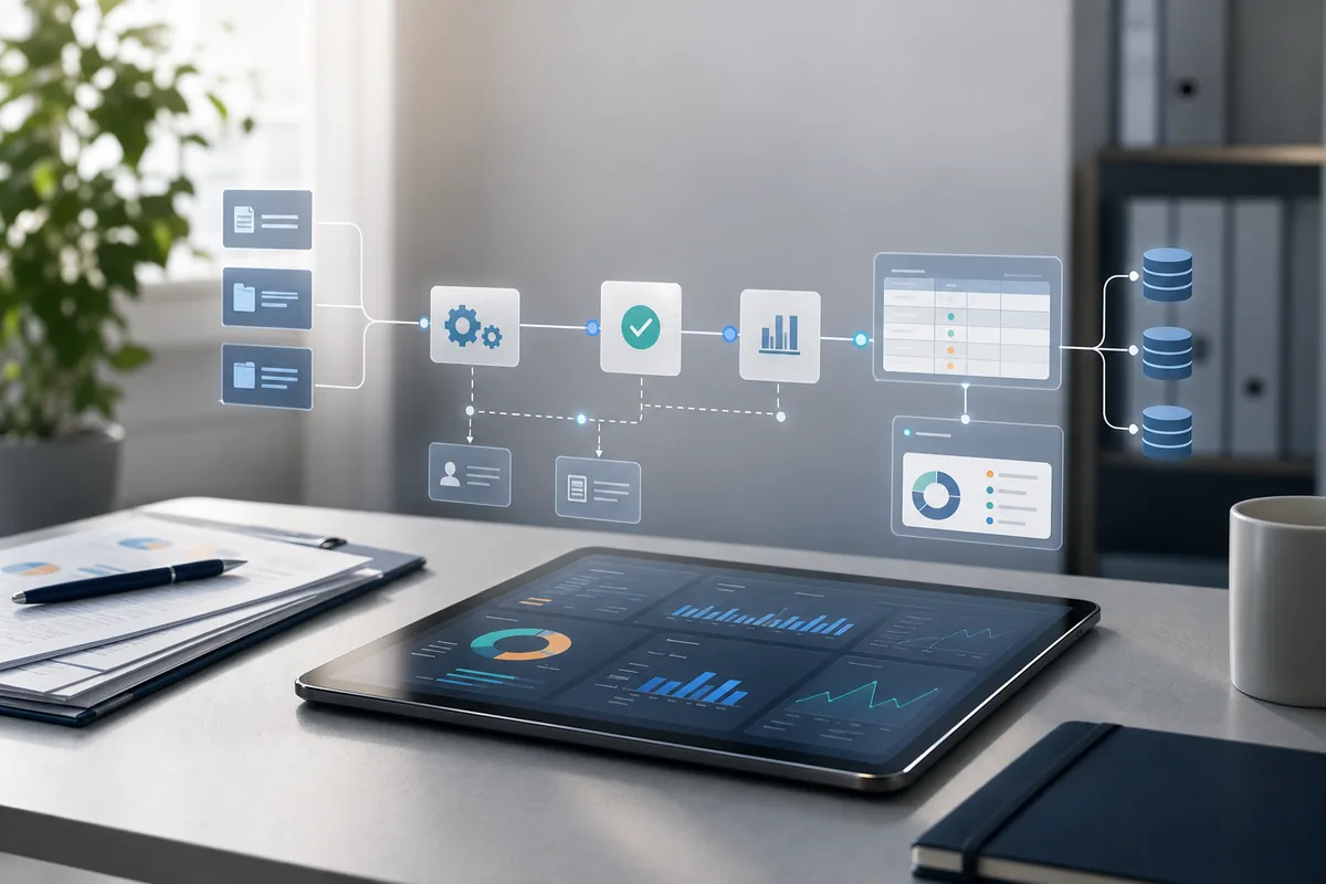Business improvement workflow with dashboards and automation nodes