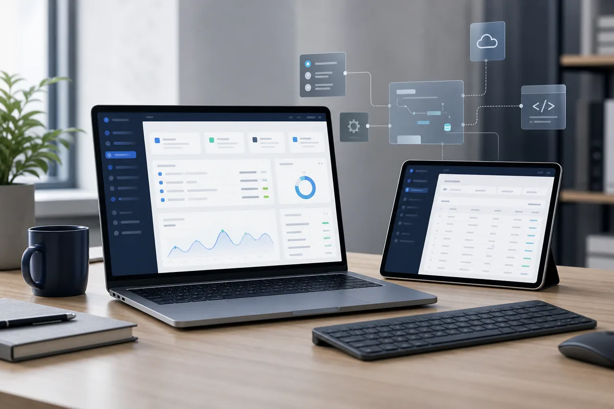 Software development workspace with abstract application screens