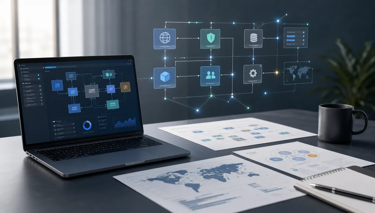 Technical consulting workspace with architecture review diagrams
